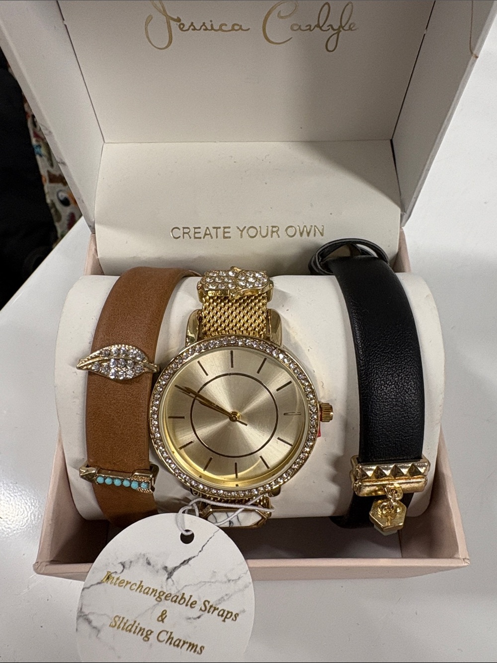 Gold Watch with Interchangeable Black and Brown Straps